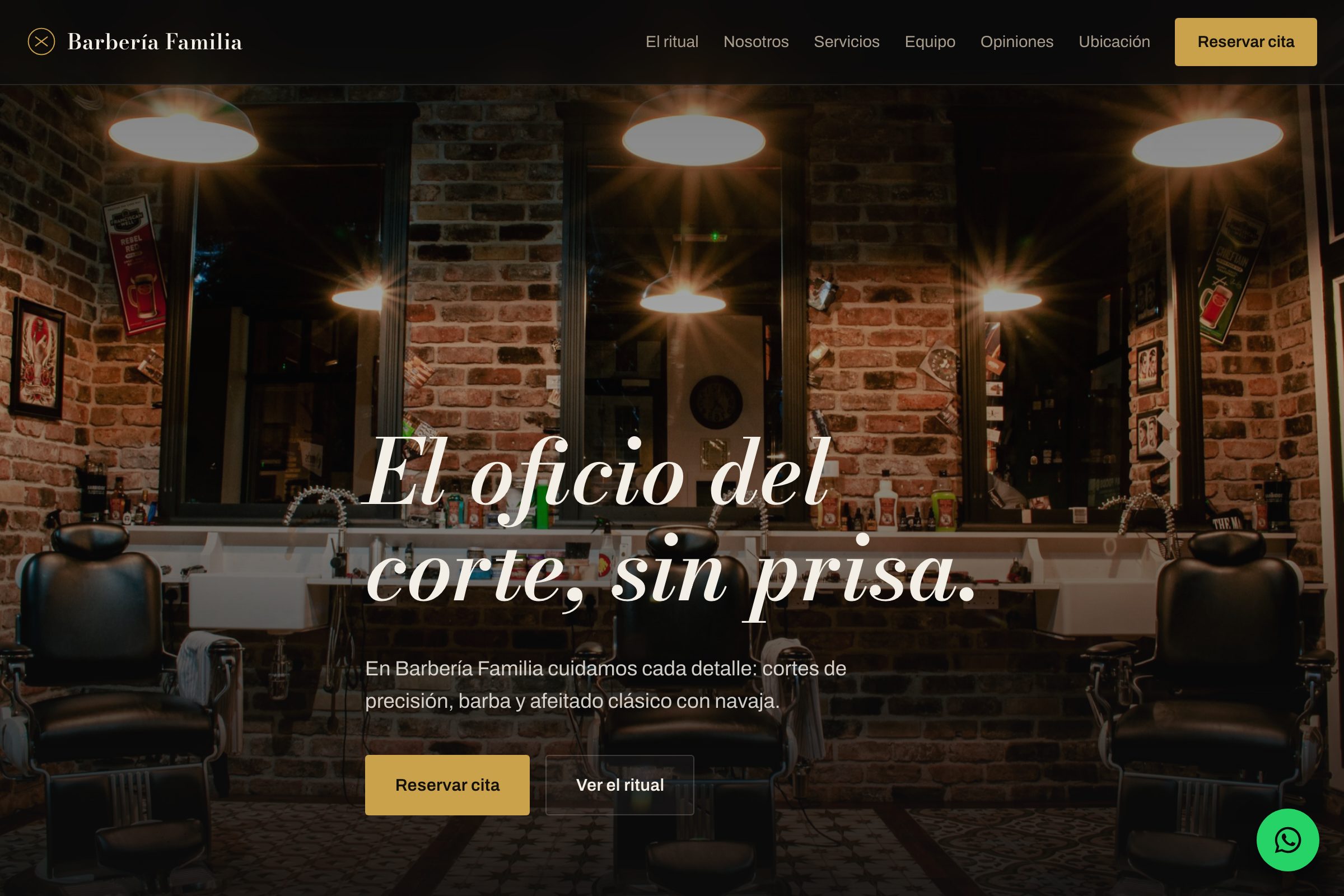 Portada de la web de Barbería La Familia: interior de barbería clásica con luz cálida y titular serif