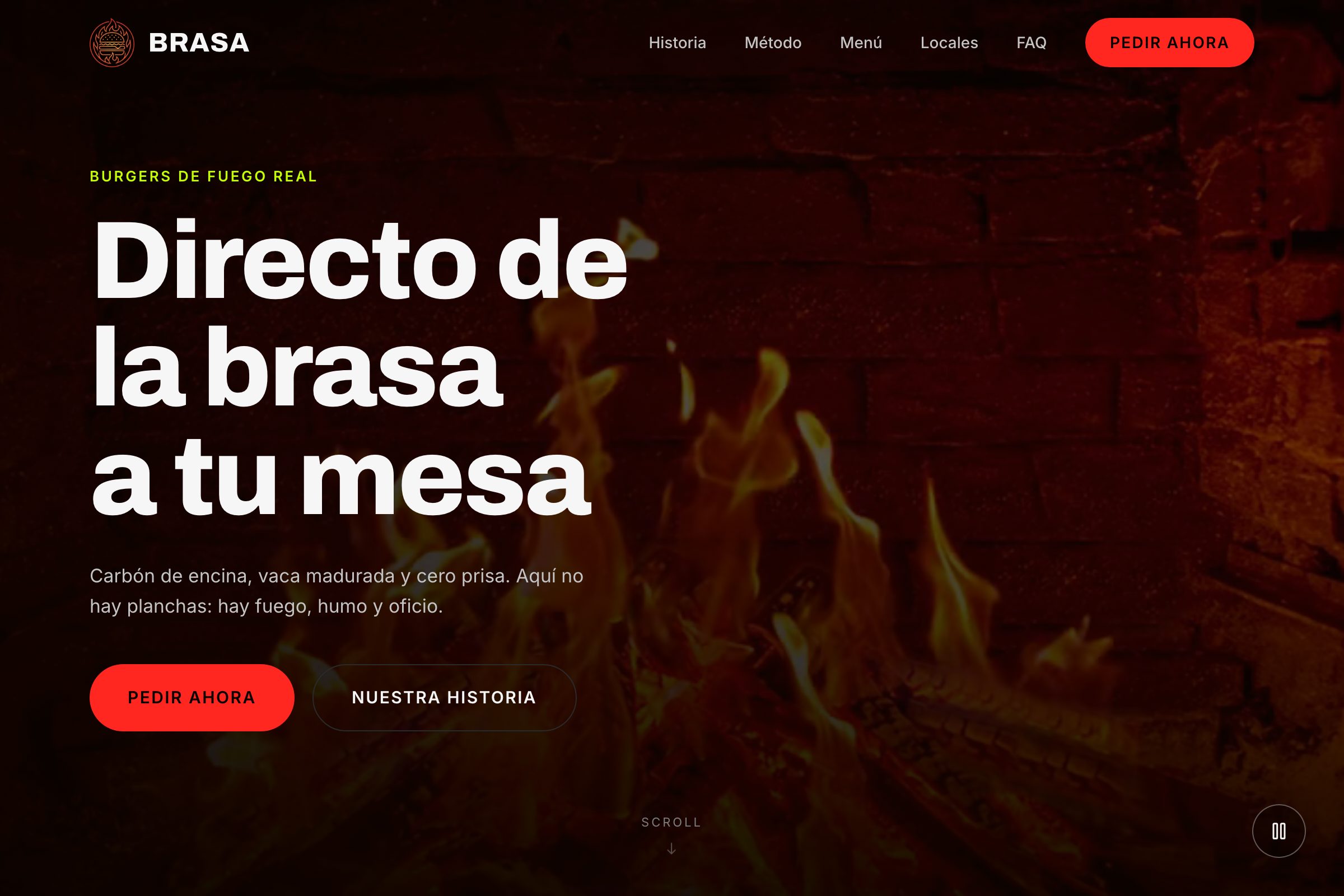 Portada de la web de La Brasa: hamburguesería a la brasa, hero oscuro con fuego real