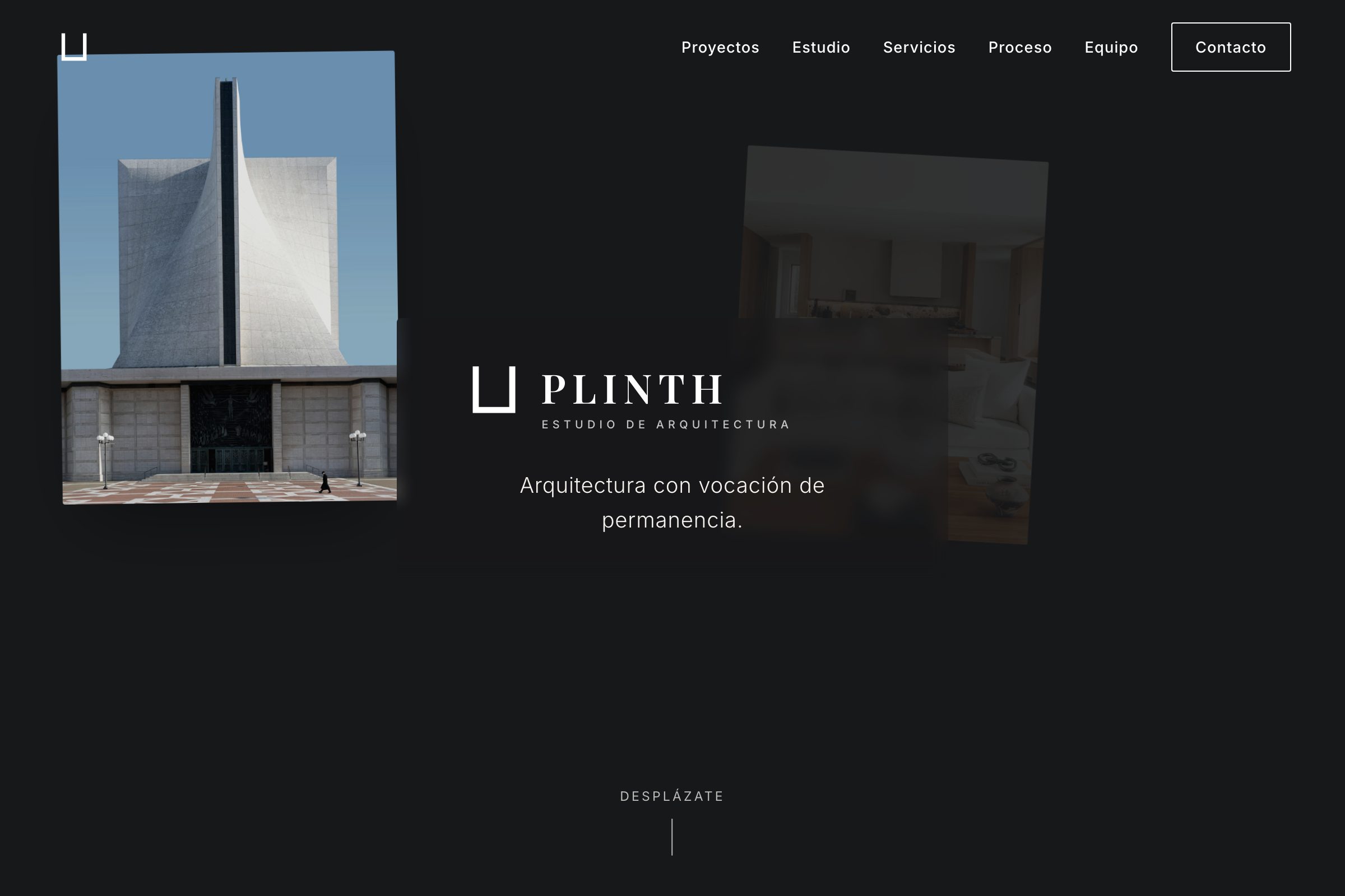 Portada de la web de Plinth: estudio de arquitectura, fondo oscuro con fotografía arquitectónica